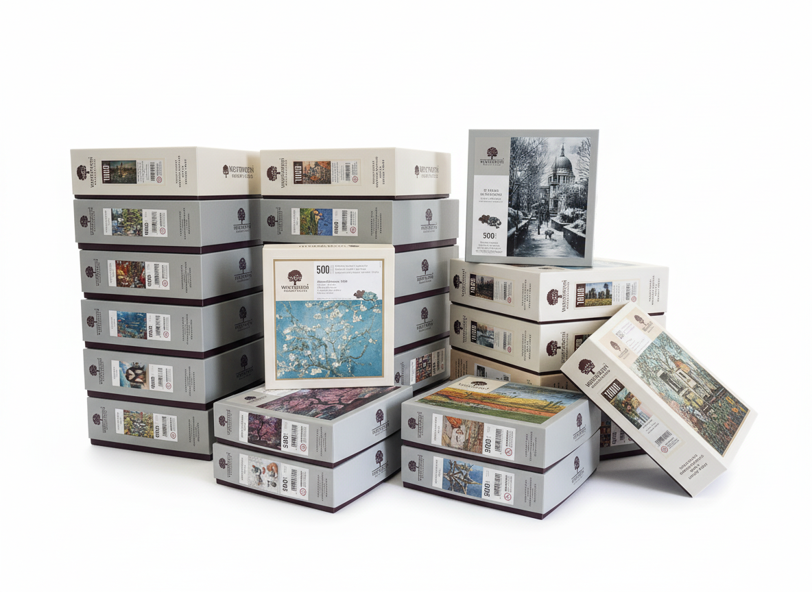 A pile of completed Wentworth wooden jigsaw puzzles